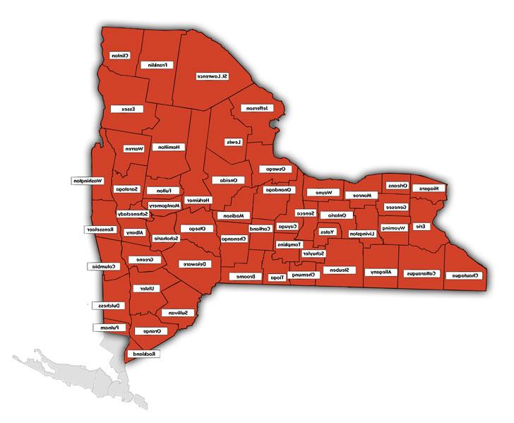New York State map showing the 54 counties served by the Upstate New York Poison Center